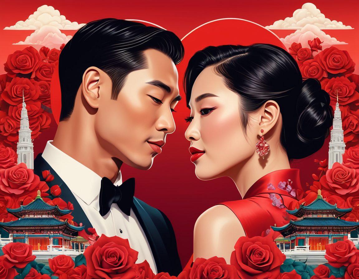 A collage of vibrant moments illustrating the transition from celebrity gossip to heartfelt romance, featuring iconic Asian landmarks, glamorous red carpet scenes, and intimate couple portraits in soft lighting. Intertwined are elements of love like roses and heart motifs, reflecting the drama and depth of relationships. Infuse warmth and emotion through color gradients that symbolize passion and gossip. vector art. vibrant colors. white background.